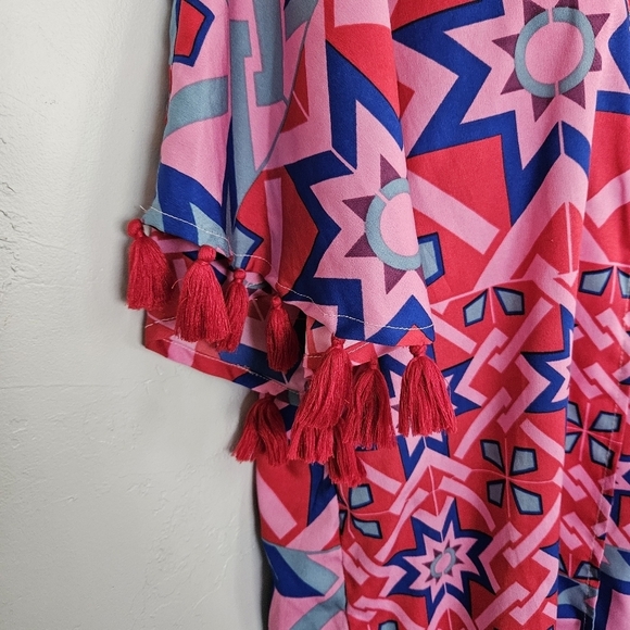 Vero Moda Women's Small Kimono Pink Red Blue Geometric Pattern Print Tassel Top - Picture 4 of 9